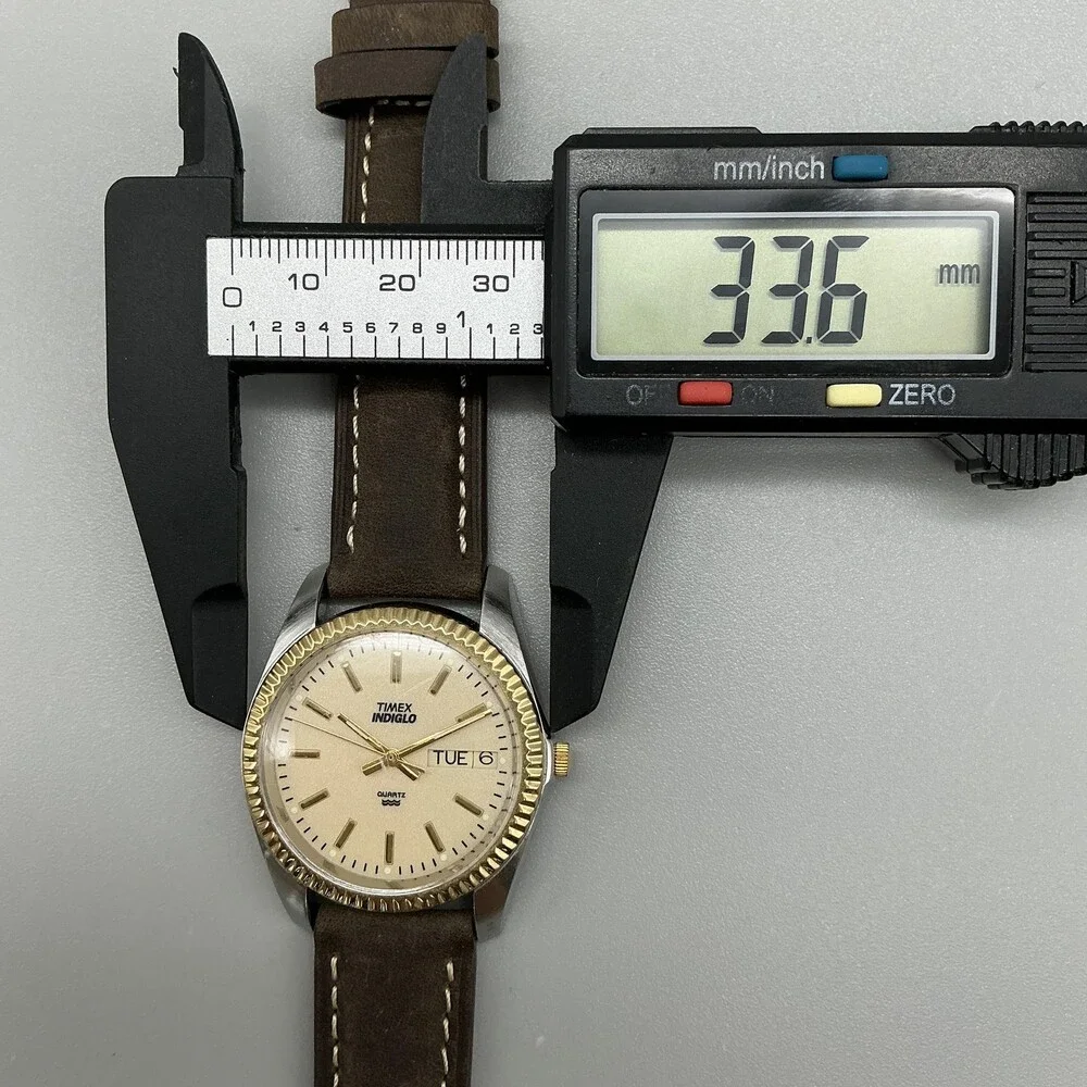 Vtg Timex Indiglo Mens Watch 34mm Two Tone Brown Leather Day Date New Battery